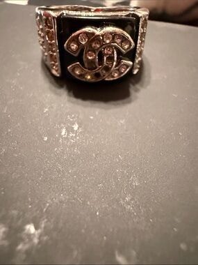 CHANEL Silver and Black Crystal CC Signet Ring